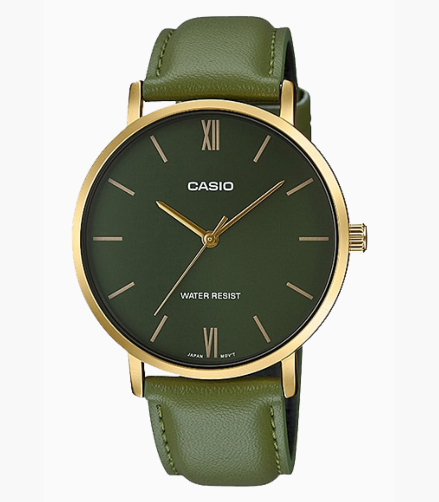 Montre CASIO Homme - MTP-VT01GL-3BUDF - Bracelet Vert En Cuir Véritable - Cadran Vert - 12 Mois De Garantie