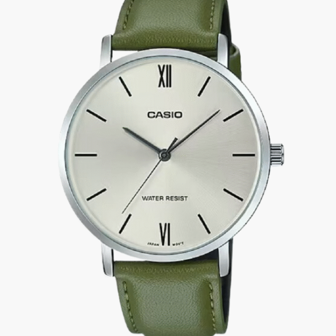 Montre CASIO Homme - MTP-VT01L-3BUDF - Bracelet Vert En Cuir Véritable - Cadran Gris - Résistante à l'eau - 12 Mois De Garantie
