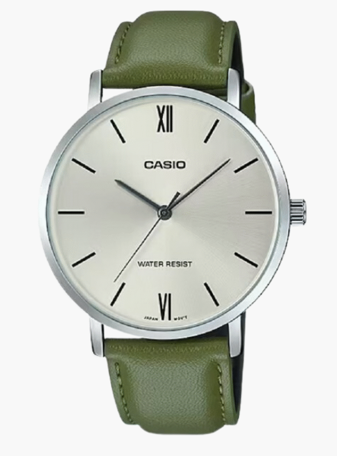 Montre CASIO Homme - MTP-VT01L-3BUDF - Bracelet Vert En Cuir Véritable - Cadran Gris - Résistante à l'eau - 12 Mois De Garantie