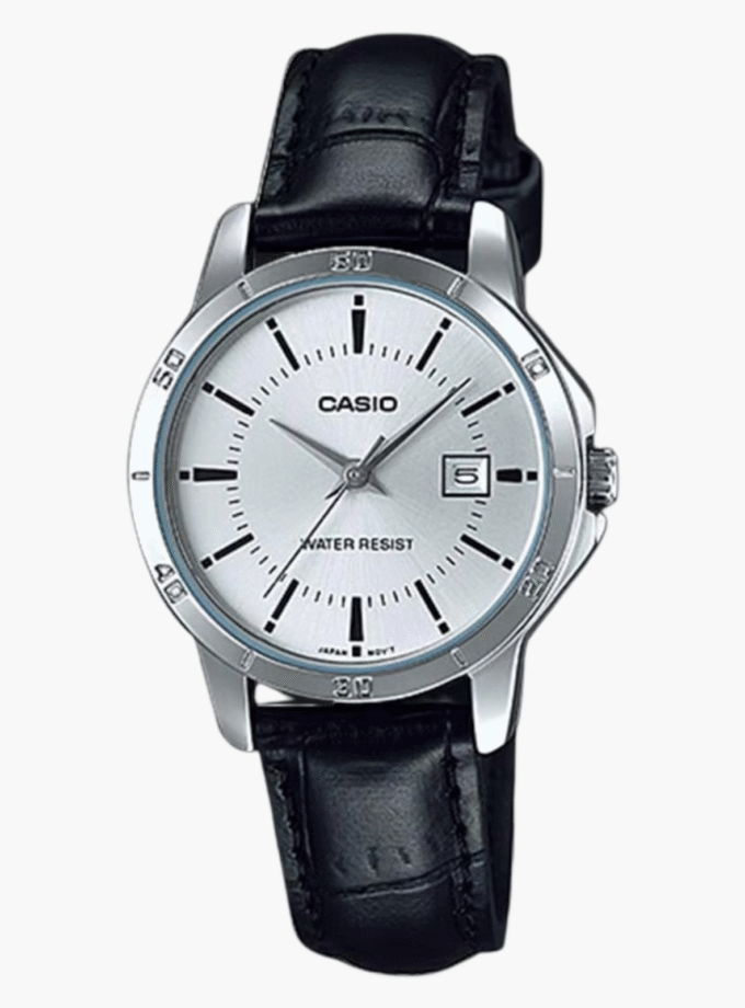 Montre CASIO Femme - LTP-V004L-7AUDF - Bracelet Noir En Cuir - Affichage analogique  Cadran Blanc - 12 Mois De Garantie