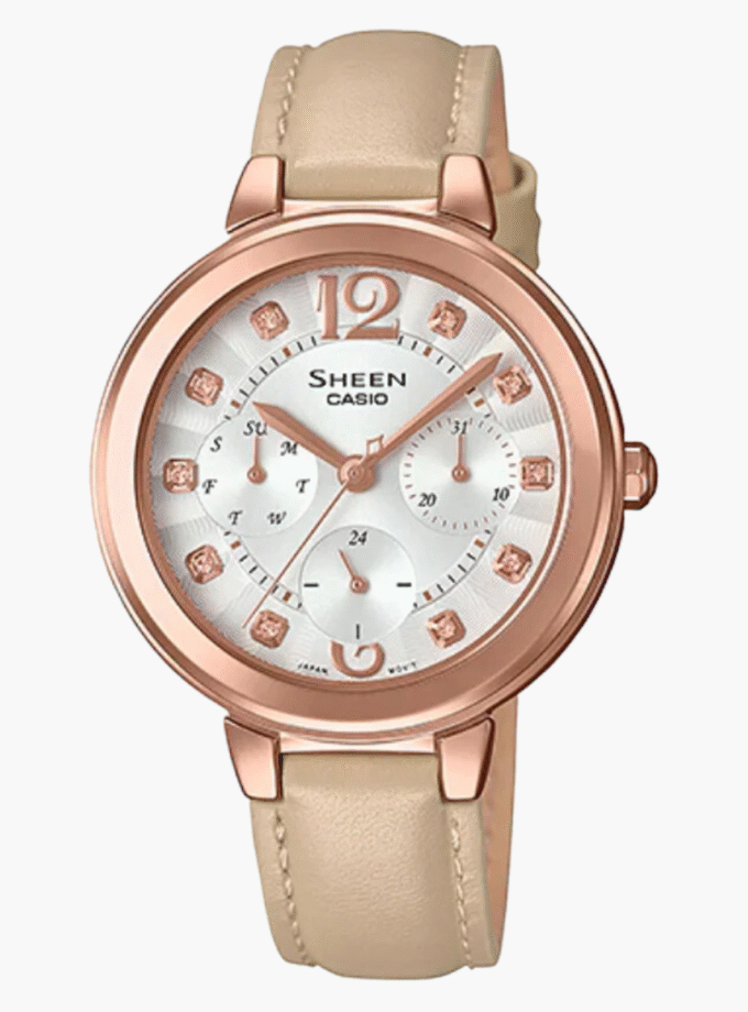 Montre CASIO Femme - SHE-3048PGL-7BUDR - Bracelet Brun En Cuir Véritable - Cadran Blanc - 12 Mois De Garantie