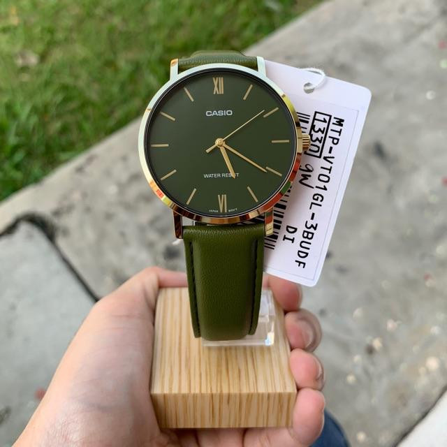 Montre CASIO Homme - MTP-VT01GL-3BUDF - Bracelet Vert En Cuir Véritable - Cadran Vert - 12 Mois De Garantie