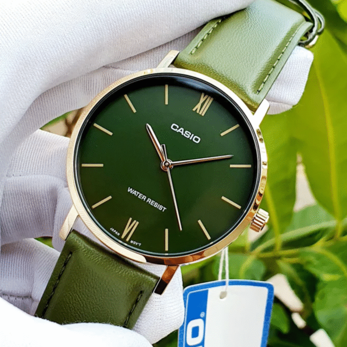 Montre CASIO Homme - MTP-VT01GL-3BUDF - Bracelet Vert En Cuir Véritable - Cadran Vert - 12 Mois De Garantie