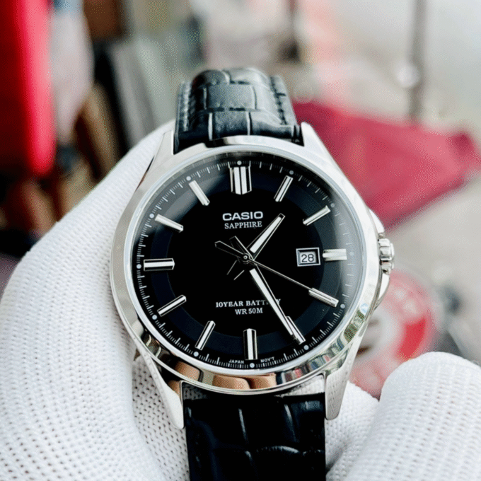 Montre CASIO Homme - MTS-100L-1AVDF - Verre sapphire - Bracelet Noir En Cuir Véritable - Résistante à l'eau - 12 Mois De Garantie