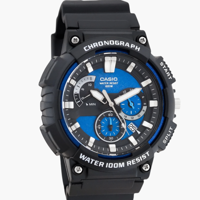 Montre Homme Casio - Chronographe Sport, Chronomètre 1s, Affichage Date, Précision ±20s/mois - Résine Noire et Bleue - MCW-200H-2AVDF
