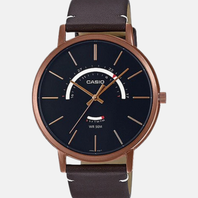 Montre CASIO Homme - MTP-B105RL-1AVDF - Bracelet Noir En Cuir Véritable - Résistante à l'eau - 12 Mois De Garantie