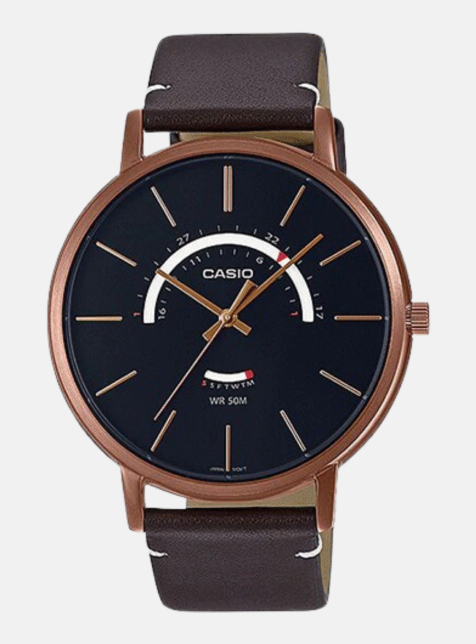 Montre CASIO Homme - MTP-B105RL-1AVDF - Bracelet Noir En Cuir Véritable - Résistante à l'eau - 12 Mois De Garantie