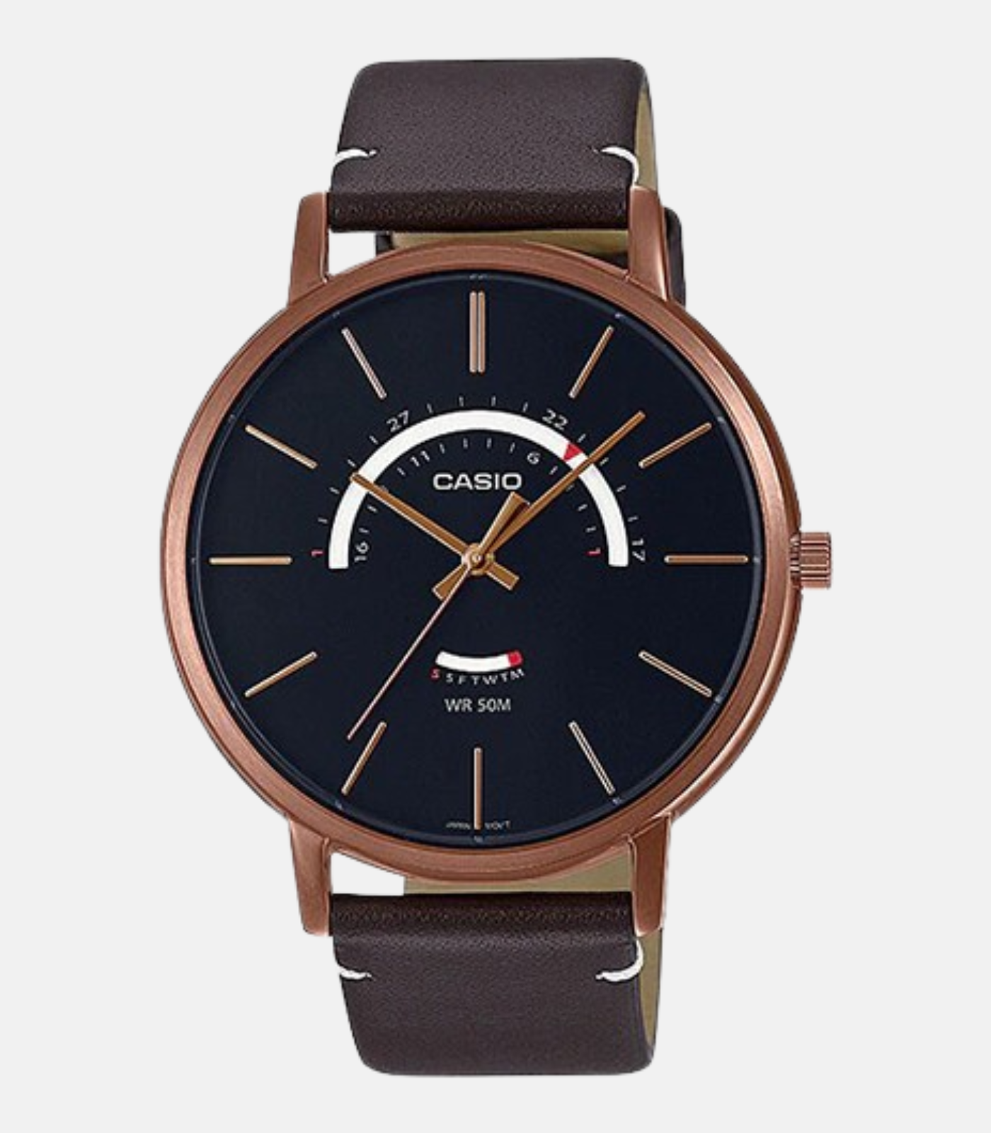 Montre CASIO Homme - MTP-B105RL-1AVDF - Bracelet Noir En Cuir Véritable - Résistante à l'eau - 12 Mois De Garantie