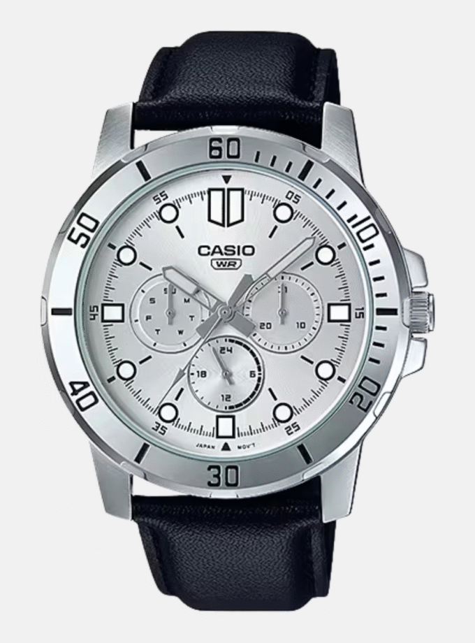 Montre CASIO Homme - MTP-VD300L-7EUDF - Bracelet Noir En Cuir Véritable - Cadran Blanc - 12 Mois De Garantie