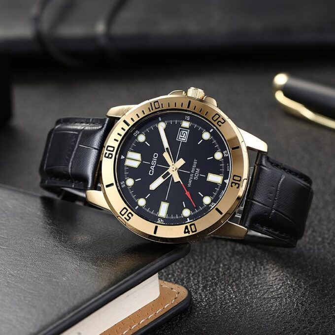 Montre Homme CASIO - MTP-VD01GL-1EVUDF - Bracelet Noir En Cuir Véritable - Résistante à l'eau - 12 Mois De Garantie - MTP-VD01GL-1EVUDF