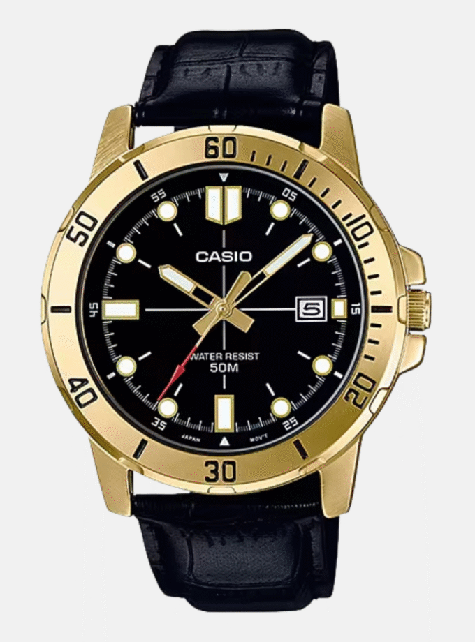 Montre Homme CASIO - MTP-VD01GL-1EVUDF - Bracelet Noir En Cuir Véritable - Résistante à l'eau - 12 Mois De Garantie - MTP-VD01GL-1EVUDF