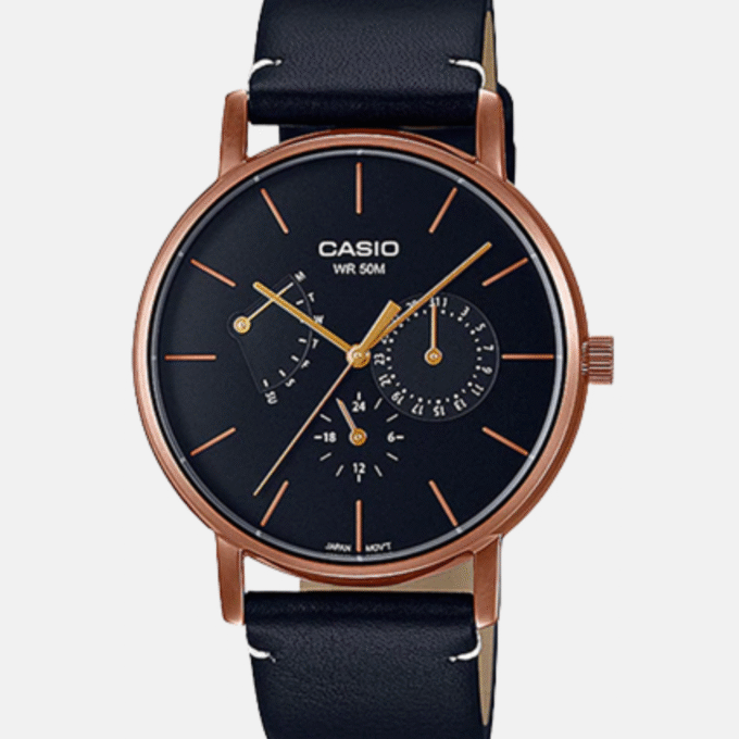 Montre Homme CASIO - MTP-E320RL-1EVDF - Bracelet Noir En Cuir Véritable - Résistante à l'eau - 12 Mois De Garantie