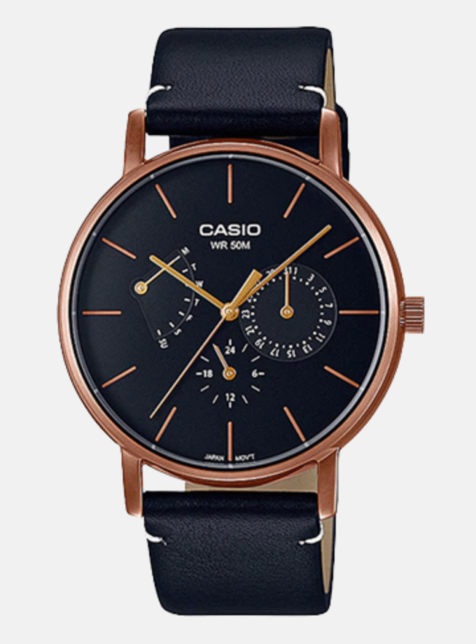 Montre Homme CASIO - MTP-E320RL-1EVDF - Bracelet Noir En Cuir Véritable - Résistante à l'eau - 12 Mois De Garantie