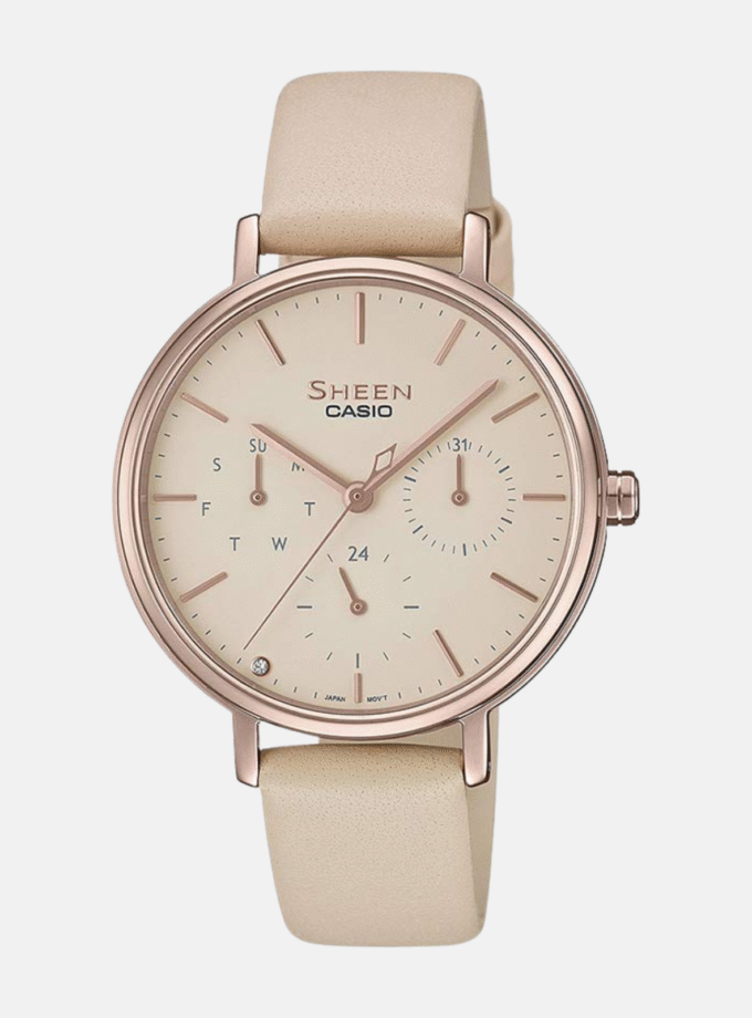 Montre CASIO Femme - SHE-4541CGL-4AUDF - Bracelet Brun En Cuir Véritable - Résistante à l'eau - 12 Mois De Garantie