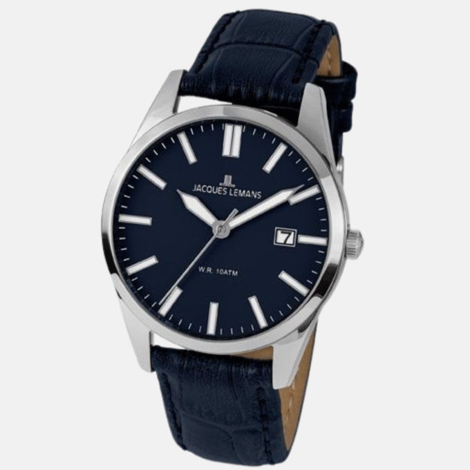 Montre Homme Jacques Lemans - 1-2002F - Bracelet En Cuir Véritable Bleu Cuir - Cadran Bleu - Etanche - Garantie 12 mois