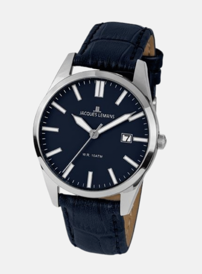 Montre Homme Jacques Lemans - 1-2002F - Bracelet En Cuir Véritable Bleu Cuir - Cadran Bleu - Etanche - Garantie 12 mois