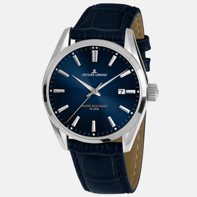 Montre Jacques Lemans Homme - Bracelet En Cuir Véritable Bleu - Cadran Rond Bleu - Etanche - Garantie 12 mois - 1-1859C