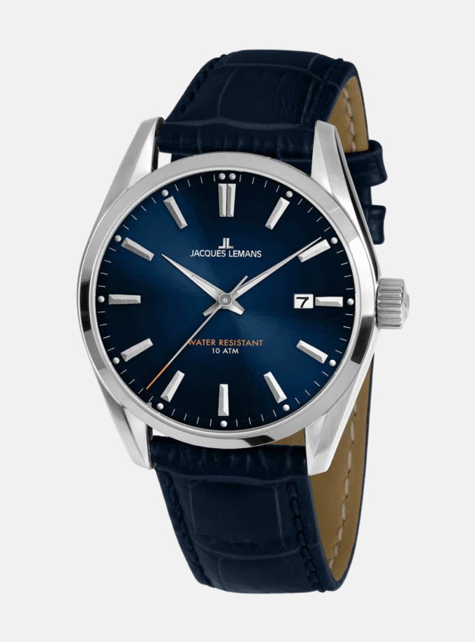 Montre Jacques Lemans Homme - Bracelet En Cuir Véritable Bleu - Cadran Rond Bleu - Etanche - Garantie 12 mois - 1-1859C