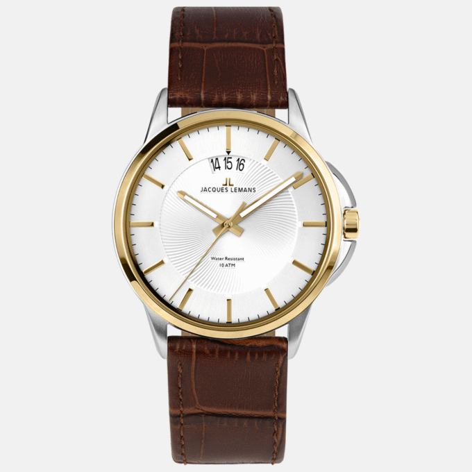 Montre Homme Jacques Lemans - 1-1540H Bracelet En Cuir Véritable Marron - Cadran Rond Blanc - Etanche - Garantie 12 mois