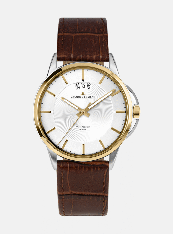 Montre Homme Jacques Lemans - 1-1540H Bracelet En Cuir Véritable Marron - Cadran Rond Blanc - Etanche - Garantie 12 mois