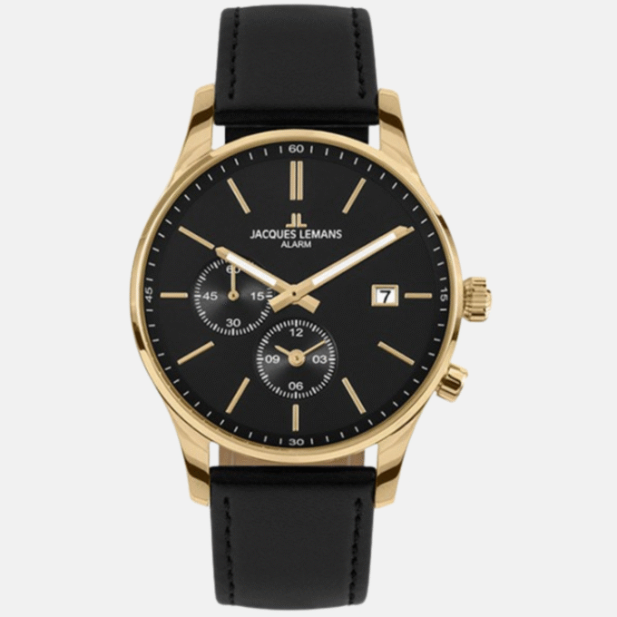 Montre Jacques Lemans Homme - Bracelet En Cuir Véritable Noir - Cadran Noir - Etanche - Garantie 12 mois - 1-2125C