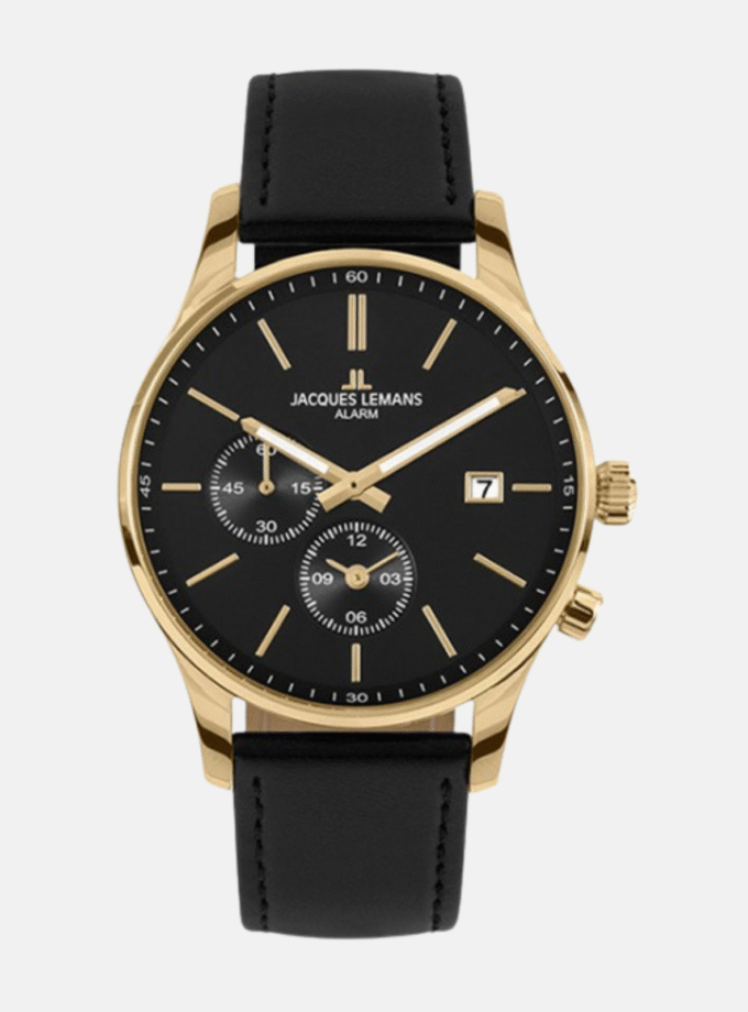 Montre Jacques Lemans Homme - Bracelet En Cuir Véritable Noir - Cadran Noir - Etanche - Garantie 12 mois - 1-2125C