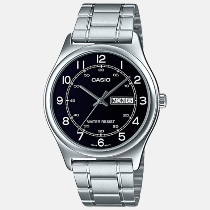 Montre Homme Casio Quartz MTP-V006D-1B2UDF - Acier inoxydable, Boîtier Rond 45mm, Cadran Noir, Bracelet Argent - Montre-bracelet Classique