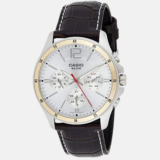 Montre CASIO Homme - Bracelet Marron En Cuir Véritable - Cadran Blanc - 12 Mois De Garantie - MTP-1374L-7AVDF