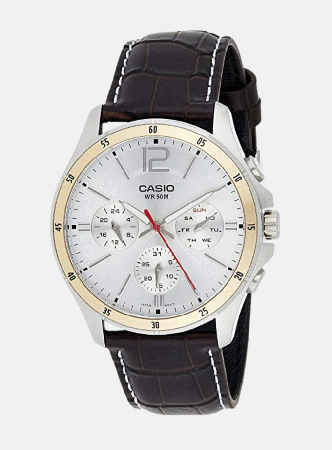 Montre CASIO Homme - Bracelet Marron En Cuir Véritable - Cadran Blanc - 12 Mois De Garantie - MTP-1374L-7AVDF