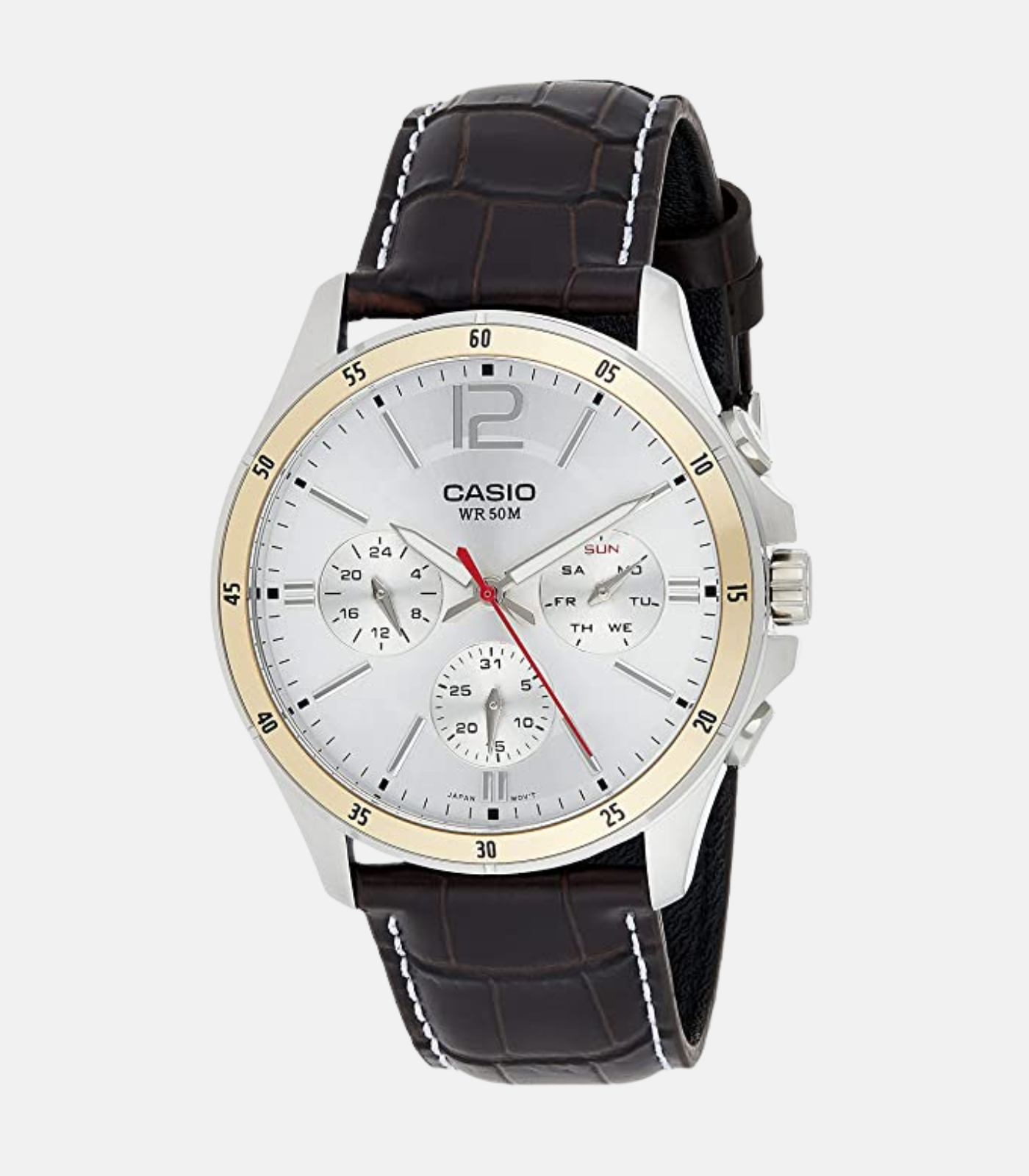 Montre CASIO Homme - Bracelet Marron En Cuir Véritable - Cadran Blanc - 12 Mois De Garantie - MTP-1374L-7AVDF