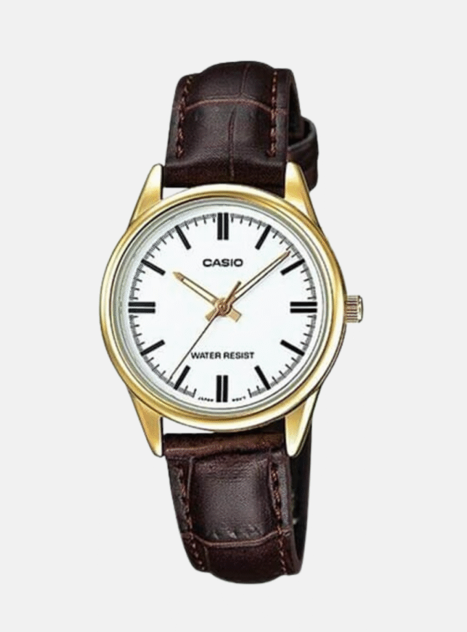 Montre CASIO Femme - Bracelet Marron En Cuir Véritable - Cadran Blanc - 12 Mois De Garantie - LTP-V005GL-7AUDF
