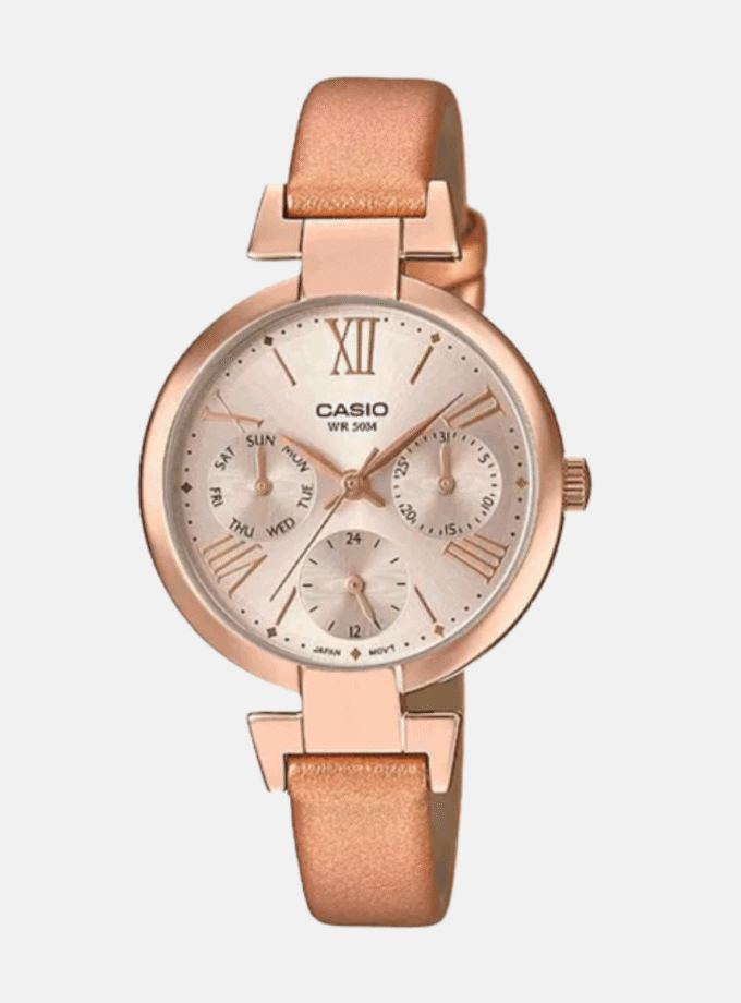 Montre CASIO Femme - Bracelet Marron En Cuir Véritable -Résistante à l'eau - 12 Mois De Garantie - LTP-E404PL-9A1VDF