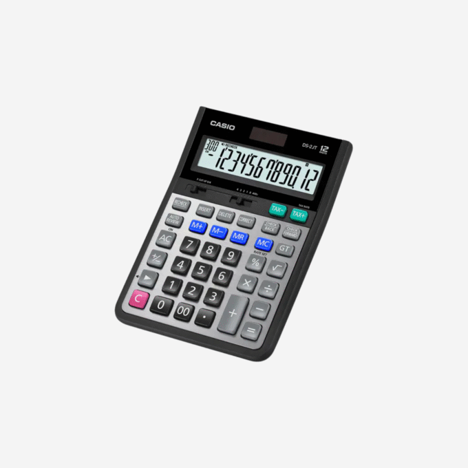 Calculatrice de bureau CASIO DS-2JT - 12 chiffres, écran extra large, assistance sonore, calcul 300 étapes, façade métallique - Solaire & batterie - Réf. DS-2JT
