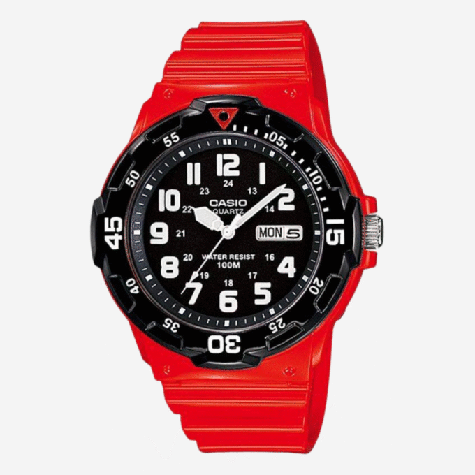 Montre CASIO Homme - Bracelet Rouge En Resine - Résistante à l'eau - 12 Mois De Garantie - MRW-200HC-4BVDF