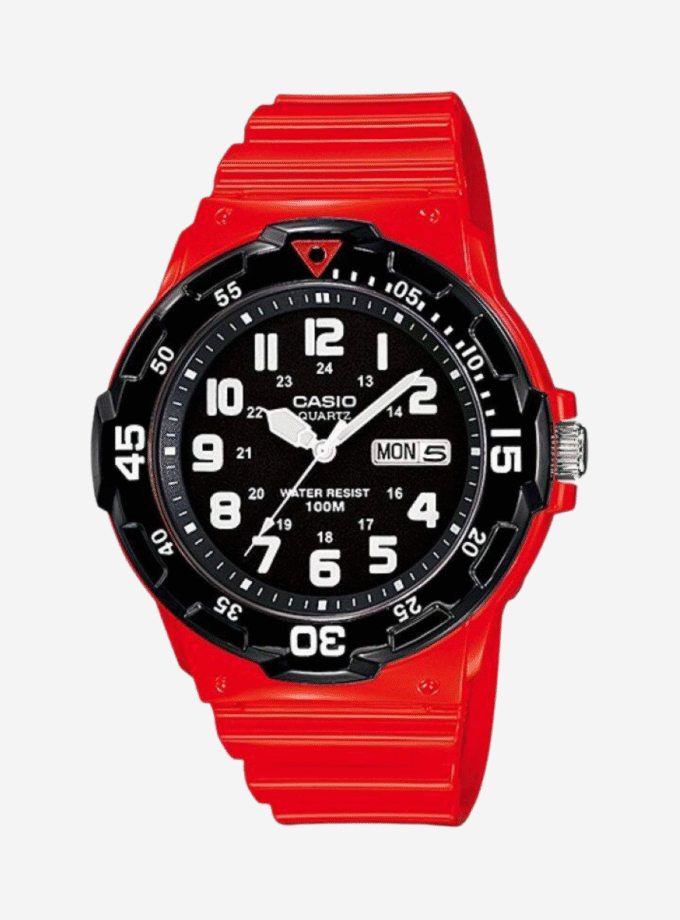 Montre CASIO Homme - Bracelet Rouge En Resine - Résistante à l'eau - 12 Mois De Garantie - MRW-200HC-4BVDF