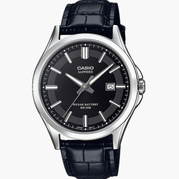 Montre CASIO Homme - MTS-100L-1AVDF - Verre sapphire - Bracelet Noir En Cuir Véritable - Résistante à l'eau - 12 Mois De Garantie