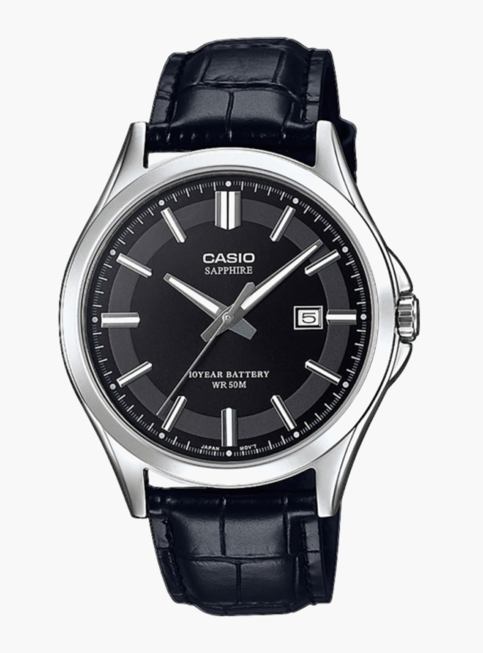 Montre CASIO Homme - MTS-100L-1AVDF - Verre sapphire - Bracelet Noir En Cuir Véritable - Résistante à l'eau - 12 Mois De Garantie