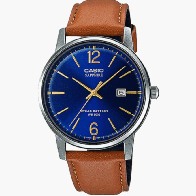 Montre CASIO Homme - MTS-110L-2AVDF - Verre sapphire - Bracelet Marron En Cuir Véritable - Résistante à l'eau - 12 Mois De Garantie