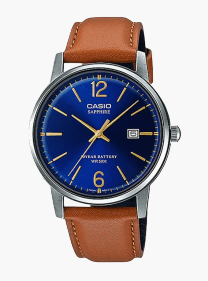 Montre CASIO Homme - MTS-110L-2AVDF - Verre sapphire - Bracelet Marron En Cuir Véritable - Résistante à l'eau - 12 Mois De Garantie