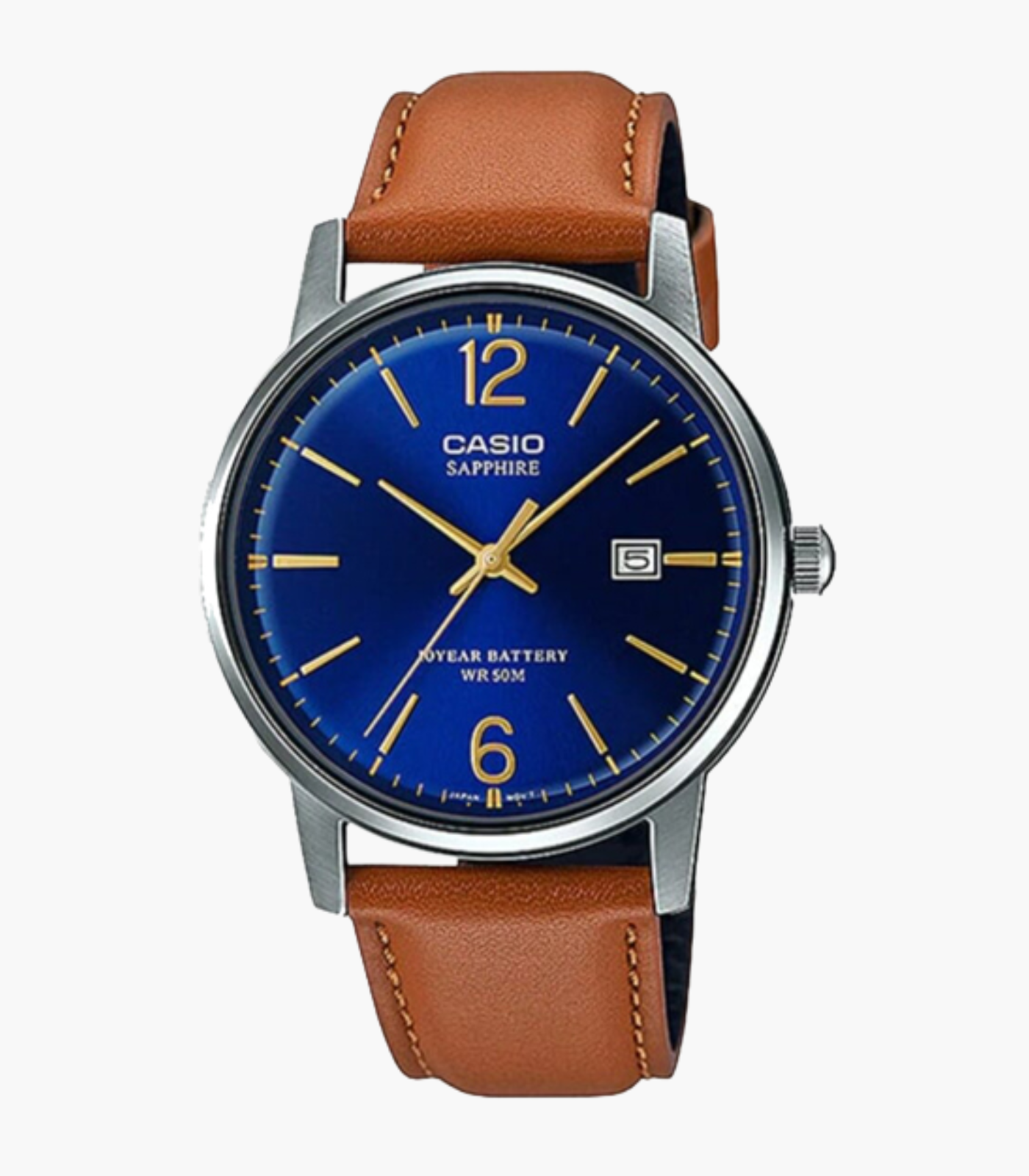 Montre CASIO Homme - MTS-110L-2AVDF - Verre sapphire - Bracelet Marron En Cuir Véritable - Résistante à l'eau - 12 Mois De Garantie