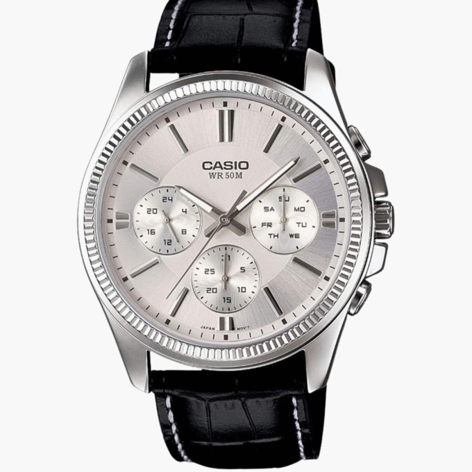 Montre CASIO Homme - Bracelet Marron En Cuir Véritable - Cadran Blanc - 12 Mois De Garantie - MTP-1375L-7AVDF
