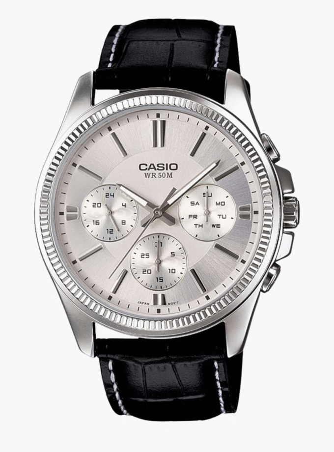 Montre CASIO Homme - Bracelet Marron En Cuir Véritable - Cadran Blanc - 12 Mois De Garantie - MTP-1375L-7AVDF