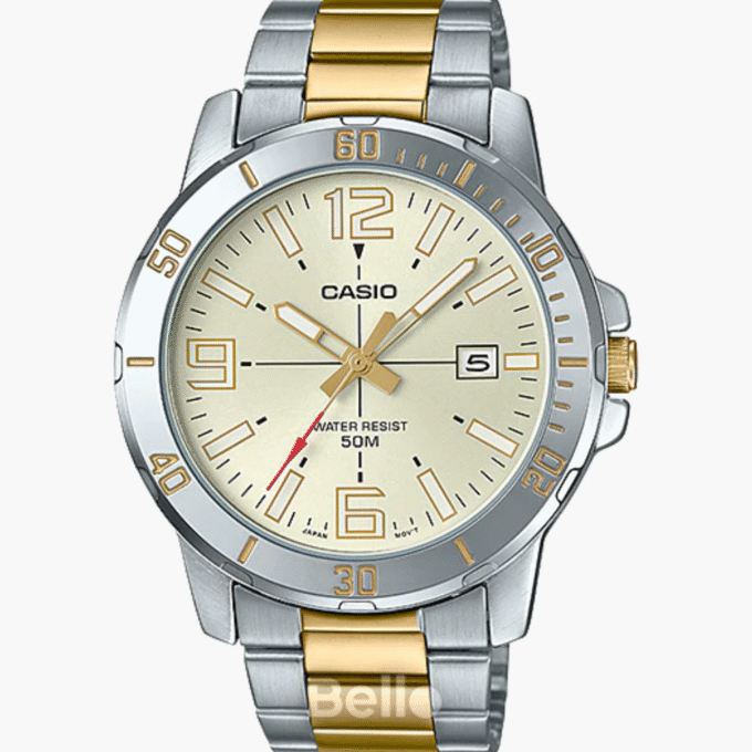 Montre CASIO Homme - Bracelet Gris/Dorée En Acier Inoxydable -Résistante à l'eau - 12 Mois De Garantie - MTP-VD01SG-9BVUDF