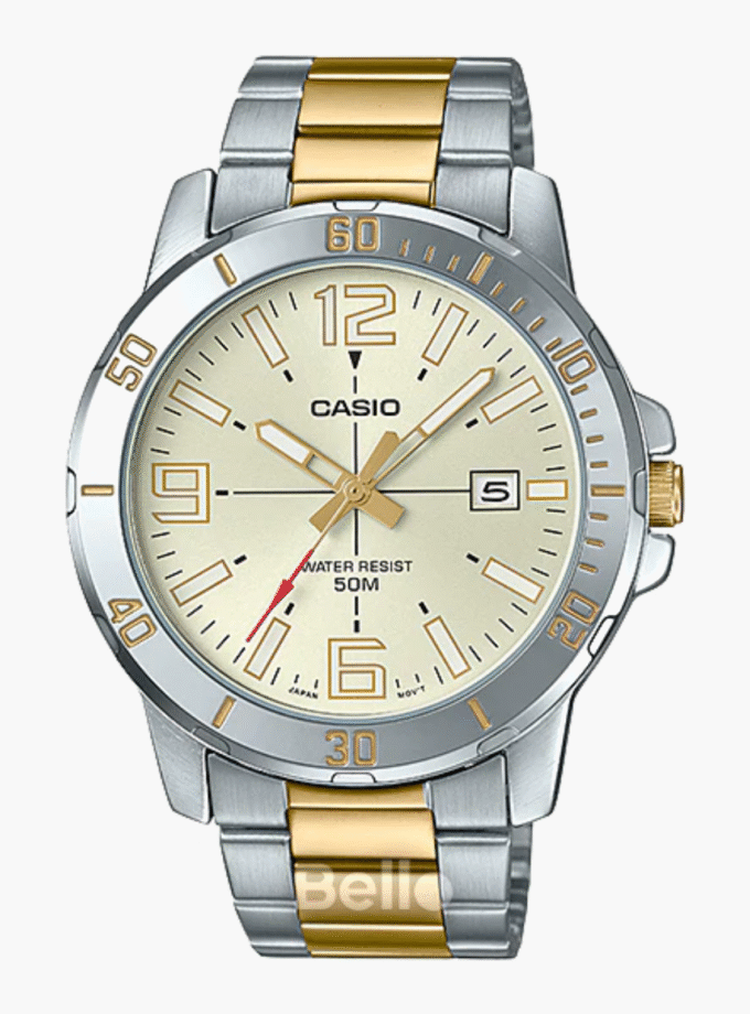 Montre CASIO Homme - Bracelet Gris/Dorée En Acier Inoxydable -Résistante à l'eau - 12 Mois De Garantie - MTP-VD01SG-9BVUDF