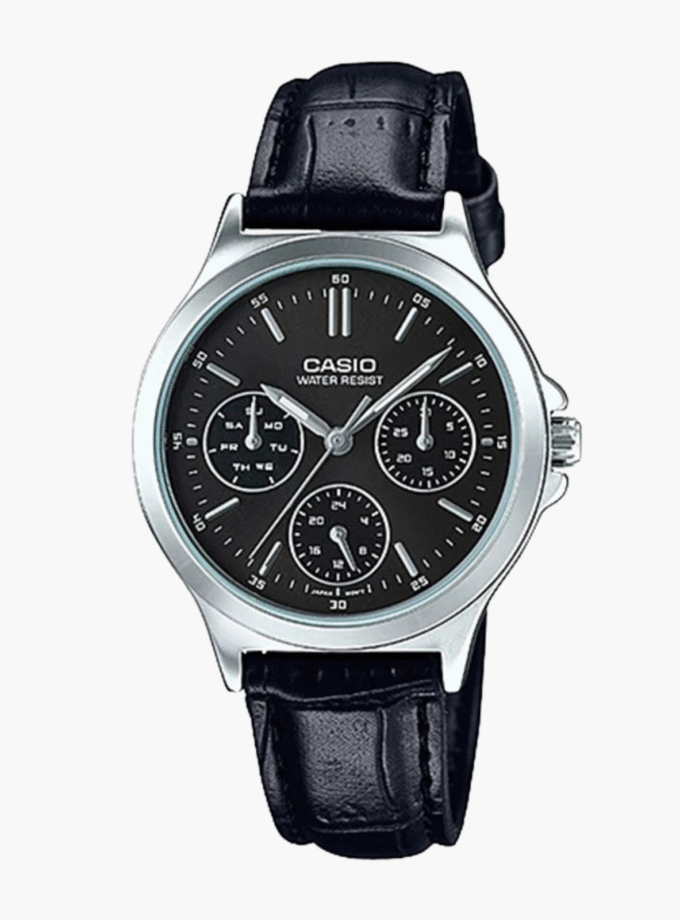 Montre CASIO Femme -  LTP-V300L-1AUDF - Bracelet Noir En Cuir Véritable - Résistante à l'eau - 12 Mois De Garantie