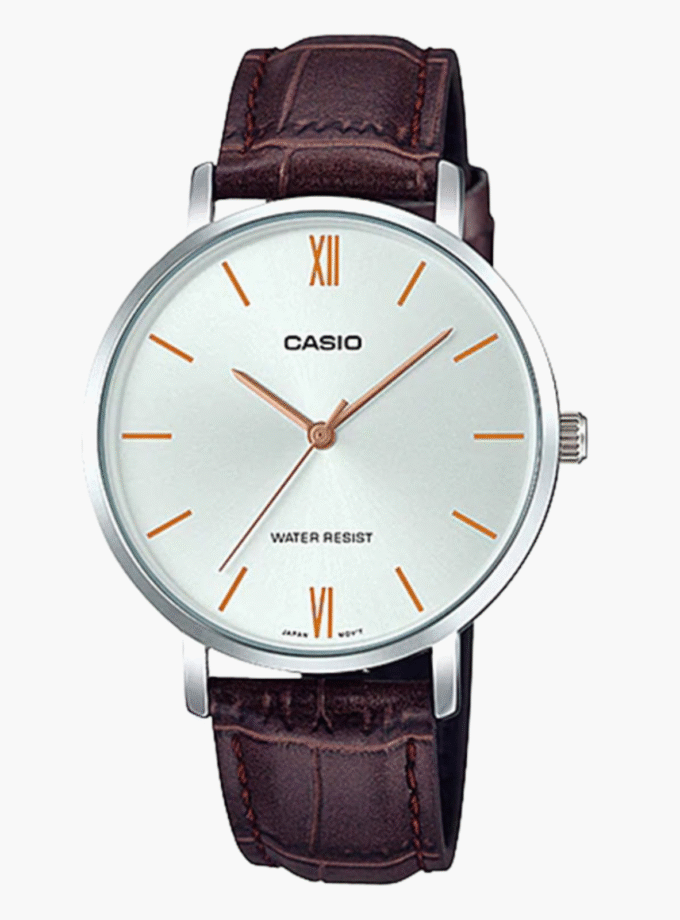 Montre CASIO Femme - LTP-VT01L-7B2UDF - Bracelet Marron En Cuir Véritable - Cadran Blanc - 12 Mois De Garantie