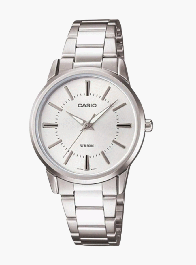 Montre CASIO Femme - Bracelet Gris En Acier Inoxydable - Cadran Blanc - 12 Mois De Garantie - LTP-1303D-7AVDF