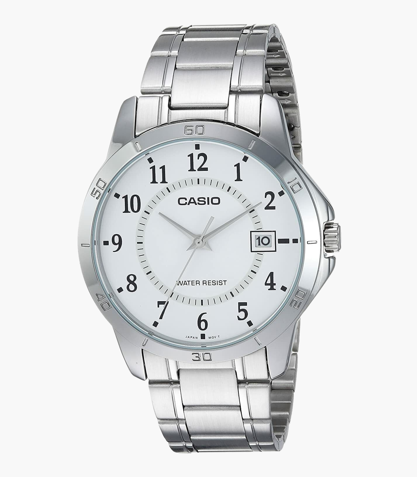 Montre Homme Casio Classique - Acier Inoxydable, Résistante à l’eau, Dateur, Précision ±20s/mois, Verre Minéral - Argenté - MTP-V004D-7BUDF