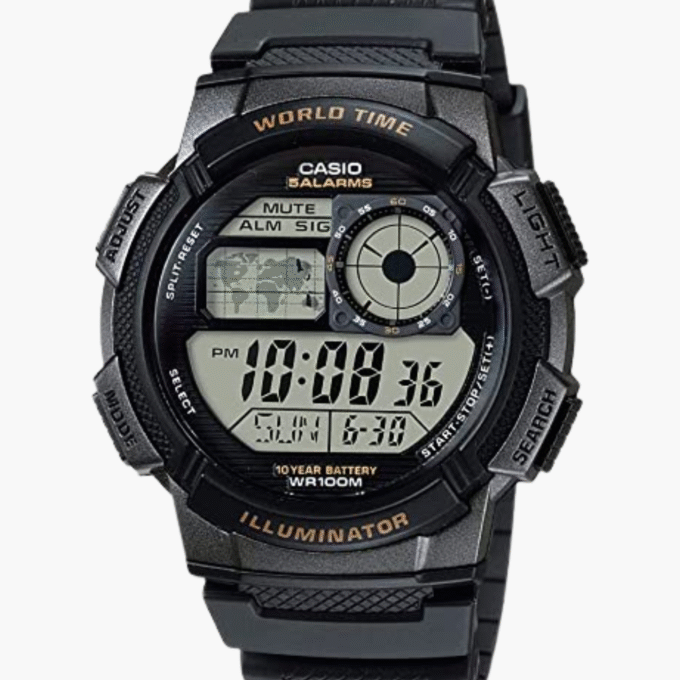 Montre Homme Casio AE-1000W-1AVDF - Multifonction, 10 ans autonomie, Étanche 10 bar, Chronomètre, Heure mondiale - Résine noire - Référence AE-1000W-1AVDF