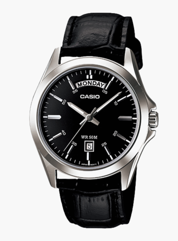 Montre CASIO Homme - Bracelet Noir En Cuir Véritable - Résistante à l'eau - 12 Mois De Garantie - MTP-1370L-1AVDF